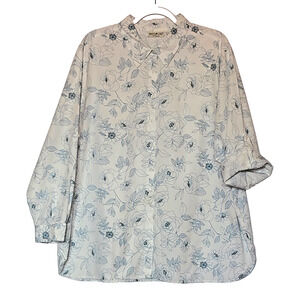 White Stag Woman White w/Blue Floral Button Down Long Sleeve Top Blouse Sz:18/20